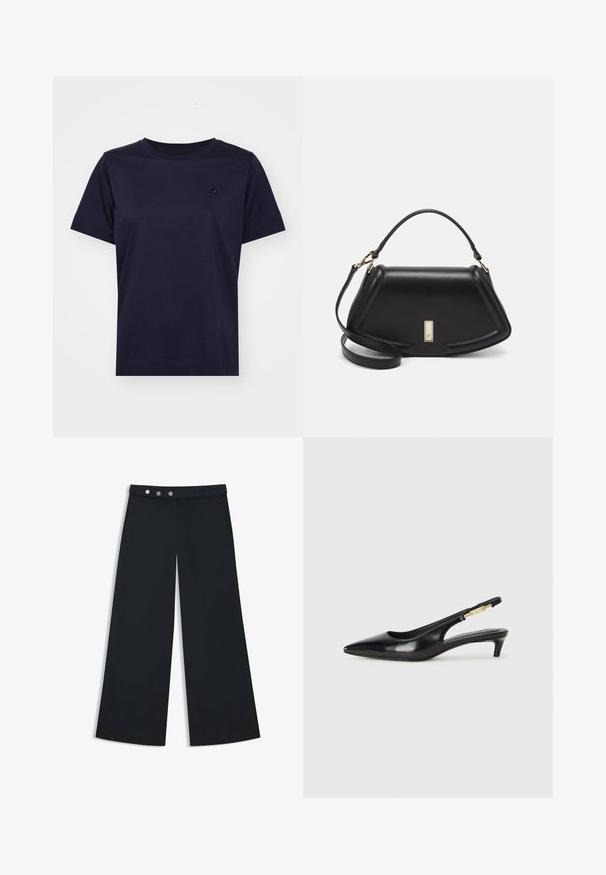 Navyblaue Baumwoll-T-Shirt mit kurzen Ärmeln, Rundhalsausschnitt und einem kleinen strukturierten Logo auf der Brust. Minimalistisches Design und glatte Textur.; Weite schwarze Hosen mit glatter Textur, ausgestattet mit einem flachen Bund, einem doppelten Knopfverschluss und seitlichen Taschen.; Schwarze Leder-Slingback-Pumps mit spitzem Schuhblatt, ausgestattet mit einem schlanken Absatz und einem goldfarbigen Akzent am verstellbaren Riemen. Glatte Textur.; Schwarze Lederhandtasche mit einem strukturierten Design, das eine verkürzte Form, einen oberen Griff und goldfarbene Hardware-Details aufweist. Verstellbarer Schulterriemen ist enthalten.