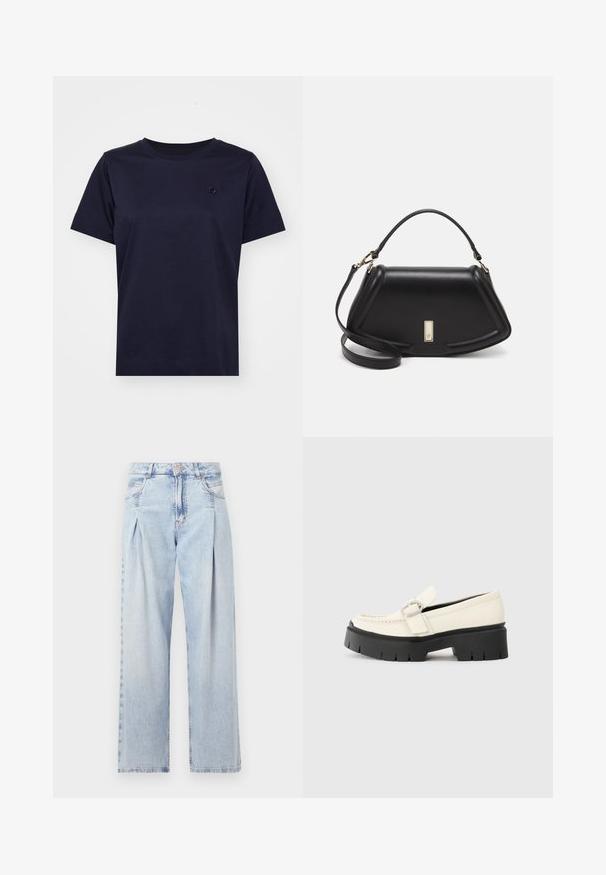Mörkblå bomullströja med korta ärmar, rund halsringning och en liten texturerad logotyp på bröstet. Minimalistisk design och slät textur.; Ljust blå denimjeans med hög midja, vida ben, två sidofickor och veckad design. Mjuk textur med en blekt finish.; Vit läder loafför med en kraftig svart platåsoffa, som har ett rektangulärt silverspänne och synlig sömdekoration på ovansidan.; Svart läderhandväska med en strukturerad design, som har en avskuren form, ett handtag upptill och guldiga detaljer. Justerbar axelrem ingår.