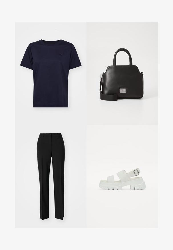 Tume sinine puuvillane t-särk lühikeste varrukatega, ümmarguse kaelusega ja väikese tekstuuriga logoga rinnal. Minimalistlik disain ja sujuv tekstuur.; Mustad ja sirged püksid, millel on sile tekstuur ja teravad voldid esiosas. Ilma nähtavate detailideta.; Valged sandaalid paksu tallaga, millel on kaks laia rihma ja pannal ümber pahkluu. Sile tekstuur, minimalistlik disain.; Must musta käsitaskuga, eemaldatava õlavarre rihmaga, ümarkujuline, sileda tekstuuriga ja hõbedase logoaktsendiga ees.