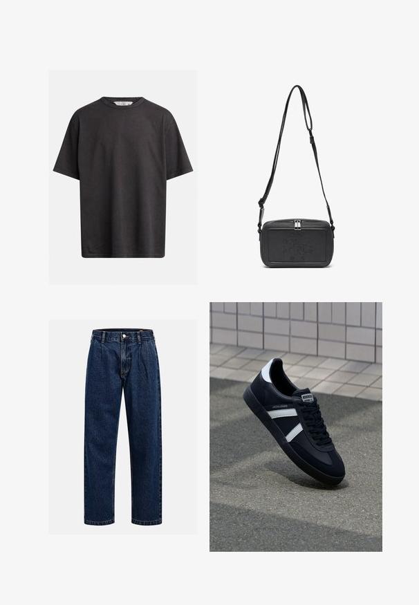 Tmavě šedé bavlněné tričko s kulatým výstřihem, krátkými rukávy a volným střihem. Obsahuje jemné detaily prošívání.; Tmavě modré džíny s rovnými nohavicemi. Mají viditelné švy, zapínání na knoflík a přední záhyby pro zvýraznění detailu.; Černé kožené tenisky s bílými pruhy, texturovanou gumovou podrážkou a šněrováním vpředu. Obsahují značenou etiketu na jazyku.; Černá kožená taška přes rameno s uzávěrem na zip, vyraženým logem na přední straně a nastavitelným popruhem. Hladký povrch s obdélníkovým tvarem.