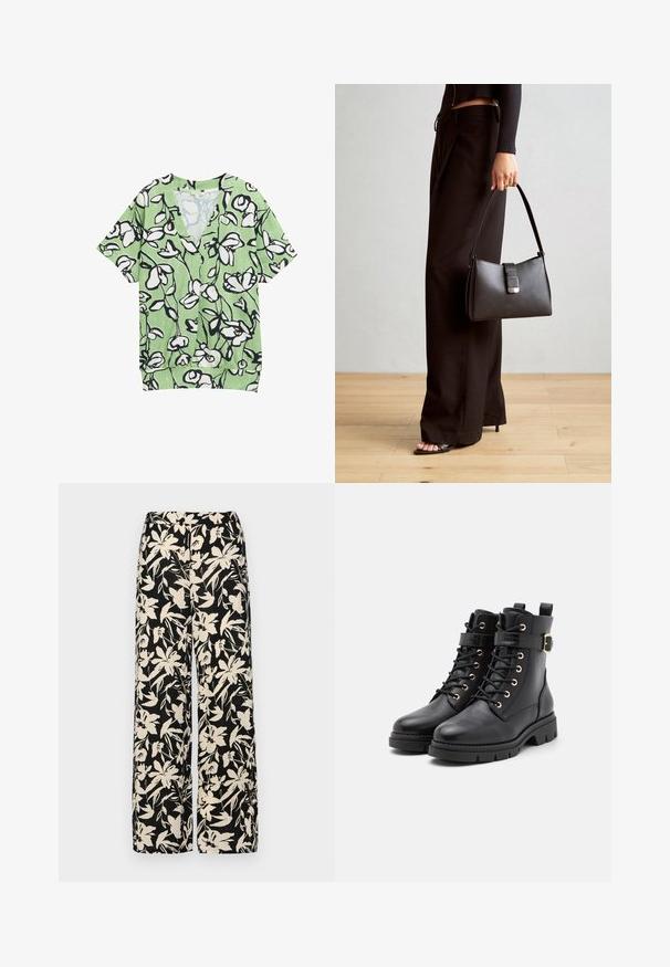 Zelený krátky rukáv top s výstrihom do V, ktorý obsahuje čierno-biely kvetinový vzor a textúrovaný podklad. Neformálny a voľný strih.; Čierne nohavice s širokými nohavicami a krémovým kvetinovým vzorom. Vyrobené z ľahkej látky, s hladkou textúrou a vysokým pásom.; Čierne kožené členkové čižmy s okrúhlou špičkou, šnurovací dizajn, zlaté očká, pracka a masívna, štruktúrovaná podrážka.; Čierna kabelka so štruktúrovaným tvarom, hladkou textúrou a kovovou sponou. V kombinácii so širokými čiernymi nohavicami a sandálmi s otvorenou špičkou na drevenej podlahe.