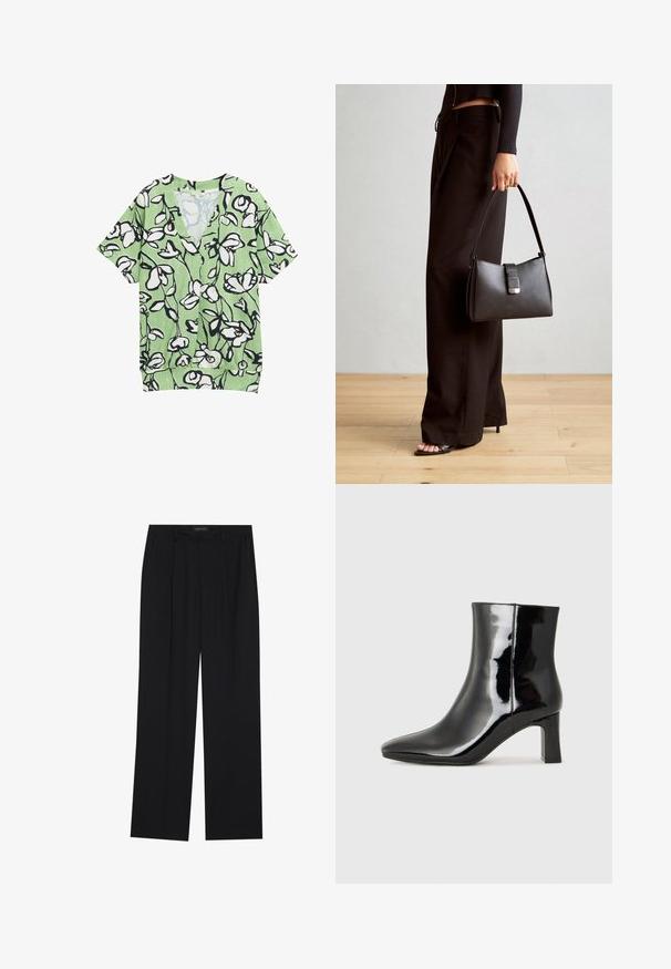 Grøn kortærmet top med V-hals, prydet med et sort-hvidt blomstermønster og en struktureret baggrund. Casual og løs pasform.; Sorte bukser med en lige ben-design, der har to forlommer og en talje. Lavet af et glat, let stof.; Sort lakeret ankelstøvle med spids tå og en midt-højde blokhæl. Glat tekstur og minimalistisk design.; Sort håndtaske med struktureret form, glat overflade og metalspænde. Sammen med brede sorte bukser og sandaler med åben tå på trægulv.