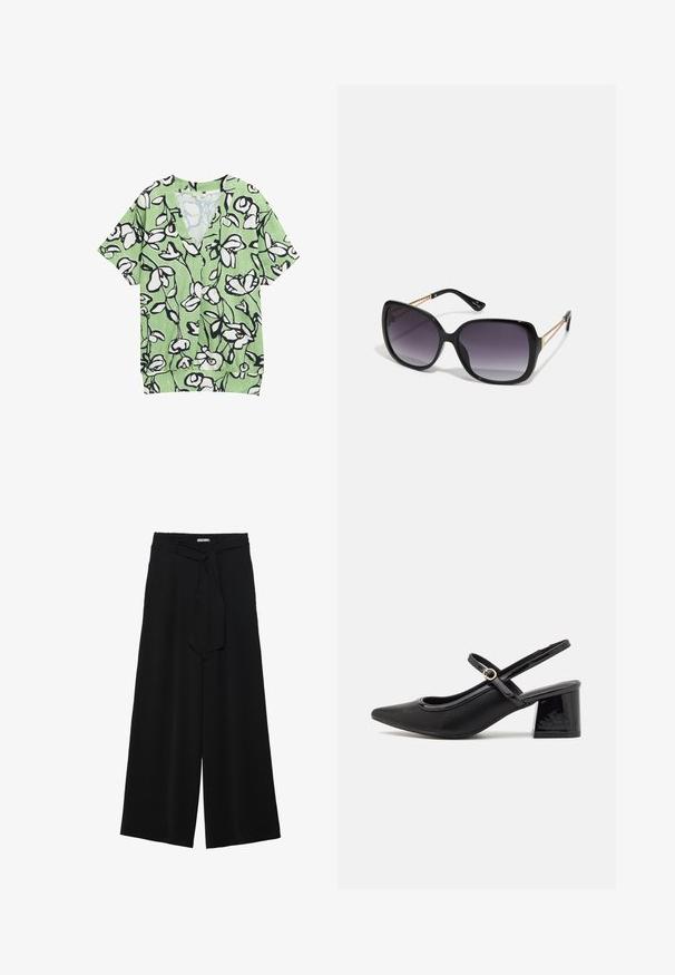 Vihreä lyhythihainen paita, jossa on V-pääntie, musta-valkoinen kukkakuosi ja teksturoitu tausta. Rentoa ja löysää istuvuutta.; Mustat leveät housut, joissa on teksturoitu kangas, joustava vyötärö ja irrotettava nauha vyötäröllä säädettävää istuvuutta varten.; Musta lakattu nahka slingback-korkokengät, joissa on terävä kärki, pyöreä aukko-muotoilu ja lohkokorko. Varustettu kultasävyisellä solkiyksityiskohdalla.; Mustat ylisuurten kehysten aurinkolasit, joissa on liukuväri-linssit, paksut kehykset ja kultasävyiset ketjustuskoristeet temppeleissä.; Ruskea mokkasammalista valmistettu olkalaukku, jossa on pehmeä rakenne, avoin yläosa ja yksi olkahihna. Ominaisuuksiin kuuluu sileä pinta ja minimaalinen yksityiskohtaisuus.
