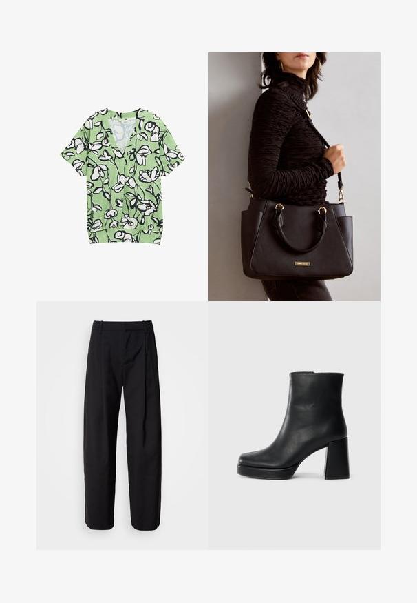 Groene T-shirt met korte mouwen en een V-hals, met een zwart-wit bloemenpatroon en een gestructureerde achtergrond. Casual en losvallend ontwerp.; Zwarte broek met een ontspannen pasvorm, geplooide voorkant en riemlussen. Soepele stof en rechte pijpen, met zijzakken.; Zwarte leren enkelboot met een blokhak en platformzool, zijaanzicht op een effen witte achtergrond.; Zwarte handtas met gestructureerd oppervlak, dubbele bovenhandvatten en verstelbare schouderriem. Voorzien van goudkleurige hardware en zijzakken.