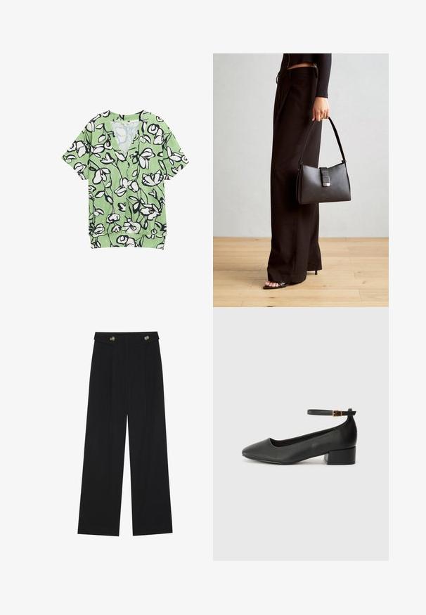 Zelený krátký rukáv top s výstřihem do V, zdobený černobílým květinovým vzorem a texturovaným pozadím. Ležérní a volný střih.; Černé široké kalhoty s vysokým pasem, detailní knoflíky na pase a přední záhyby.; Černé kožené lodičky s špičatou špičkou a nízkým blokovým podpatkem. Obsahují pásek kolem kotníku se zlatou sponou. Hladký povrch.; Černá kabelka se strukturovaným tvarem, hladkým povrchem a kovovým uzávěrem. Kombinována s širokými černými kalhotami a sandály s otevřenou špičkou na dřevěné podlaze.