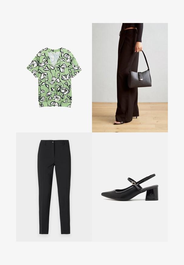 Zelena majica s kratkimi rokavi in V-izrezom, ki ima črno-belo cvetlični vzorec in teksturirano ozadje. Prijeten in ohlapen kroj.; Črne prilegajoče hlače iz gladkega materiala, z klasičnim pasom, sprednjim zadrgo in stranskimi žepi ter elegantnim, krojenim dizajnom.; Črne patentne usnjene salonarce s slingback obliko, s koničastim nosom, zaobljenim izrezom in blok peto. Imajo zlato kovinsko zaponko kot dodatno okrasje.; Črna torbica z strukturirano obliko, gladko teksturo in kovinskim zaponko. Ujemajo se z širokimi črnimi hlačami in odprtimi sandali na lesenem tleh.