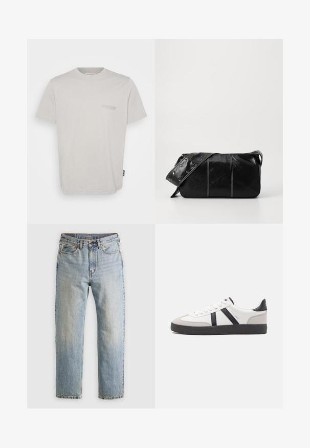 Light gray cotton t-shirt with short sleeves, crew neck, and small logo printed on the left chest. Features a straight hem and side label.; Light blue denim jeans with high waist, front button, zipper, and five-pocket design, laid flat on a neutral background.; White sneaker with black and gray accents, featuring a textured gray toe cap, black rubber sole, and flat white laces. Clean design, minimalist style.; Black leather shoulder bag with a zip closure, featuring a textured body, white stitching, and a strap with silver grommets.