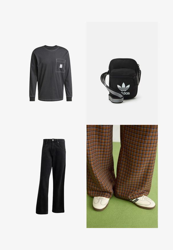 Camisa negra de manga larga con rayas verticales blancas, cuello redondo, bolsillo delantero y etiqueta decorativa en el bolsillo. Tela de algodón de peso pesado.; Jean de mezclilla negra con un diseño de pierna recta, que presenta bolsillos frontales, un cierre de botón y una ligera textura. Incluye un detalle de logo sutil.; Pantalones de pata de elefante de cuadros marrones y azules combinados con zapatos blancos con detalles en negro y suelas texturizadas, sobre un fondo verde.; Bolso cruzado de tela negra con cierre de cremallera, que presenta un logo blanco de Adidas y una correa ajustable a rayas para un fácil transporte.