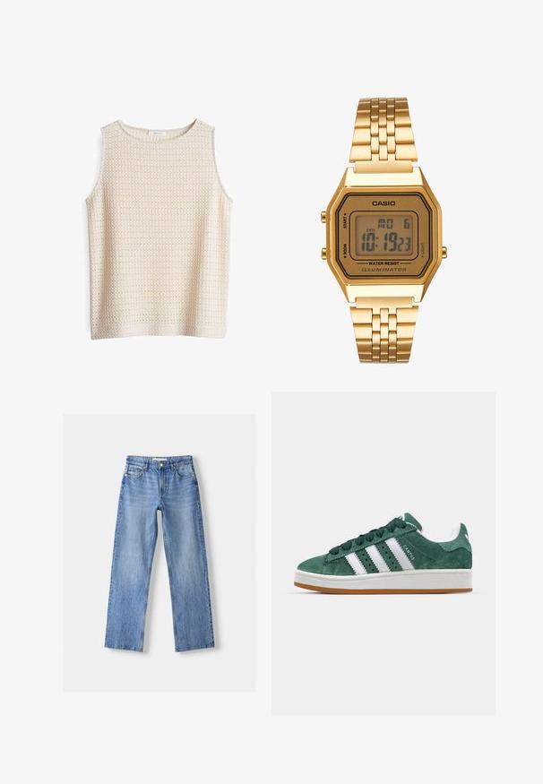 Top senza maniche color beige chiaro con un motivo a maglia testurizzata, dotato di scollatura rotonda e vestibilità rilassata. Tessuto morbido con dettagli sottili.; Jeans in denim blu chiaro con design a gamba dritta, dotati di cinque tasche, chiusura frontale con bottone e leggeri effetti di sbiadimento per texture.; Sneaker in suede verde con strisce in pelle bianca, suola in gomma, collarino imbottito e design minimalista. Presenta il marchio sul lato.; Orologio digitale oro con quadrante rettangolare, display LCD, bracciale in acciaio inossidabile e pulsanti laterali. Presenta un'etichetta di impermeabilità.
