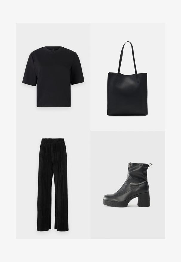 Svart T-skjorte med korte ermer, rund hals, laget av glatt bomullsstoff; løs passform, minimalistisk design, ingen synlige mønstre eller detaljer.; Sorte plisserte bukser med elastisk midje. Har vide ben og et glatt, strukturert stoff med vertikale striper.; Svarte ankelstøvler laget av glatt lær, med glidelås på siden, chunky strukturert hæl, og rund tå-design.; Svart lær tote bag med glatt tekstur, rektangulær form og to lange håndtak. Ingen synlige deler eller dekorasjoner.