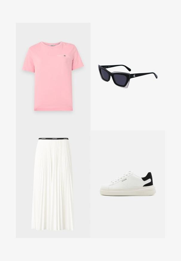 T-shirt de algodão rosa com decote redondo, mangas curtas e um logótipo branco no peito. Textura suave com barra reta.; Saia plissada branca com uma cintura elástica preta que apresenta o logótipo "LACOSTE". Design de comprimento médio com textura suave.; Sapatilhas brancas de couro com uma sola branca espessa, detalhe em camurça preta no calcanhar e logótipo em relevo na lateral. Design com atacadores e seis ilhós.; Óculos de sol oversized pretos com forma geométrica, apresentando lentes escuras e um detalhe cinza em contraste na armação. Logotipo na haste.