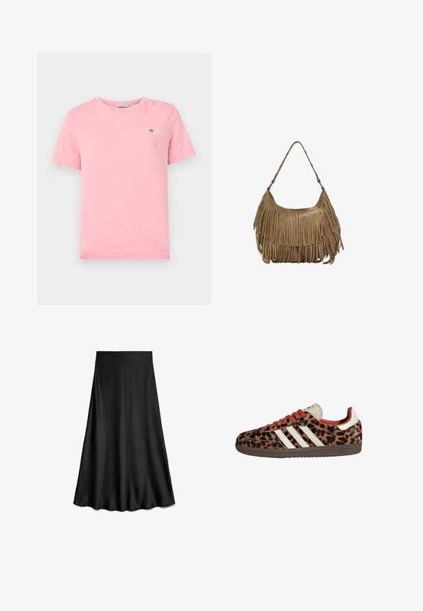 T-shirt in cotone rosa con scollatura rotonda, maniche corte e un logo bianco sul petto. Tessuto liscio con orlo dritto.; Gonna nera a linea ad A in raso con una texture liscia, lunghezza al ginocchio, caratterizzata da un design semplice e pulito senza decorazioni o motivi.; Sneaker con stampa leopardata in materiale scamosciato, lacci rossi e tre strisce bianche sui lati. Presentano una linguetta di colore crema e una suola marrone.; Borsa a tracolla in suede marrone con lunghi dettagli in frange, forma curva e una singola tracolla. Presenta una superficie liscia e testurizzata.