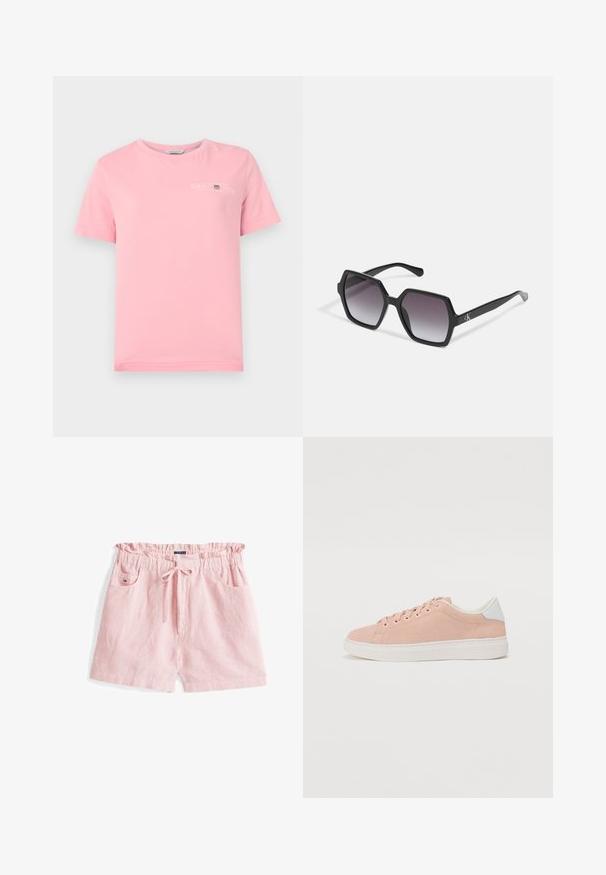 Roosa puuvillane T-särk ümmarguse kaelusega, lühikeste varrukatega ja valge logoga rinnal. Sile tekstuur ja sirge äär.; Roosa triibuline lühikesed püksid kergest kangast, elastse vöökoha ja nööriga ning kahe küljetaskuga.; Heled roosa nahast toss valge kummist tallaga, ümarate varvaste ja valge kandjaktsiga. Omab tasasid nööre ja minimaalset brändimist külgedel.; Mustad kuuekülgsed prillid gradueeritud läätsedega, millel on läikiv viimistlus ja peene bränding põlvel. Vastupidav plastikust konstruktsioon.