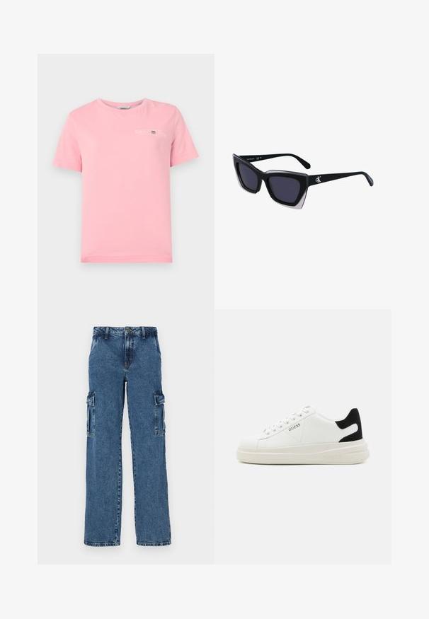 T-shirt in cotone rosa con scollatura rotonda, maniche corte e un logo bianco sul petto. Tessuto liscio con orlo dritto.; Pantaloni cargo in denim blu con vestibilità relaxed, dotati di due tasche laterali, cuciture rinforzate e design a gamba dritta.; Sneaker bianchi in pelle con suola spessa bianca, accento in suede nero sul tallone e logo impresso sul lato. Design con lacci e sei fori per i lacci.; Occhiali da sole oversize neri dalla forma geometrica, con lenti scure e un dettaglio grigio a contrasto sulla montatura. Logo sul braccio.