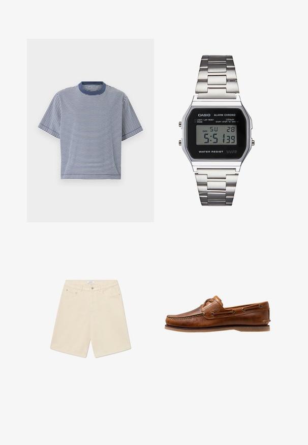 T-shirt a righe blu e bianche con maniche corte, scollo tondo e vestibilità rilassata, realizzato in tessuto morbido e leggero.; Shorts di denim beige con taglio dritto, cinque tasche e etichetta del marchio in vita. Presentano chiusura con bottone e zip.; Scarpa da barca in pelle marrone con dettagli cuciti, caratterizzata da occhielli in metallo, una cucitura rialzata sulla punta e una suola in gomma piatta.; Orologio digitale Casio con quadrante nero, cinturino in acciaio inox argentato, cassa rettangolare e pulsanti per luce, azzeramento giro e regolazioni della modalità.