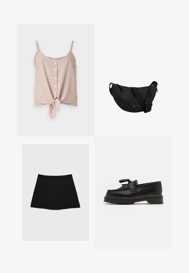 Gestreifter ärmelloser Oberteil in Creme- und Pfirsichtönen, mit einer Knopfleiste und einem Knoten-Detail am Saum. Leichter Stoff mit lockerer Passform.; Schwarzer Minirock mit glatter Textur, A-Linien-Form und geschwungenem Saum. Verfügt über einen Reißverschluss auf der Rückseite zum Verschließen, keine zusätzlichen Muster oder Akzente.; Schwarze Lederloafers mit einem fransenverzierten Akzent, ausgestattet mit einer robusten schwarzen Sohle und gelber Naht entlang der Kante. Texturierte Oberfläche.; Schwarze Umhängetasche mit einer geschwungenen Form, aus strapazierfähigem Stoff gefertigt. Verfügt über einen breiten, verstellbaren Tragegurt und ein dezentes Logo, das auf der Vorderseite aufgedruckt ist.