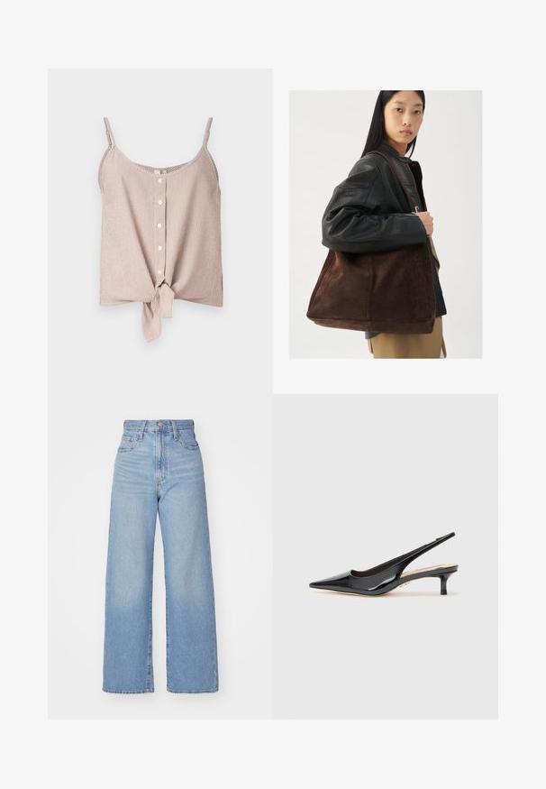Csíkos ujjatlan felső krémszínek és barack árnyalatok kombinációjában, gombos elejével és csomós részlettel az alján. Könnyű anyag, laza szabású.; Világoskék, magas derekú, bő szárú farmernadrág, elülső gombbal és cipzárral, elülső és hátsó zsebekkel, fehér háttérrel.; Fekete lakk bőr slingback női cipő, hegyes orral és karcsú, közepes magasságú talppal. Simább textúrájú, minimalista dizájn elemekkel.; Barna velúr válltáska széles formával és puha textúrával, egyetlen pánttal és minimális fémalkatrészekkel egy semleges háttér előtt.