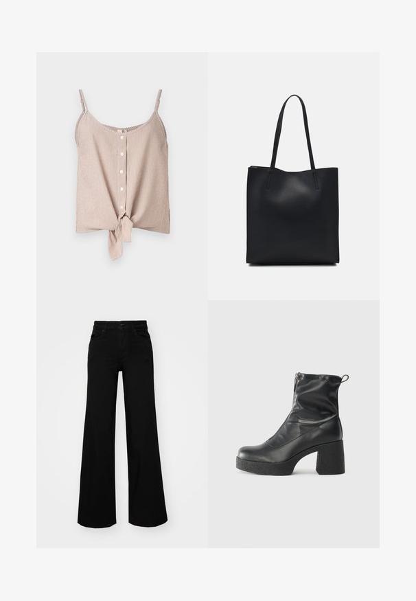 Top fără mâneci, cu dungi, în nuanțe de crem și piersică, având un sistem de închidere cu butoane în față și un detaliu nod în partea de jos. Material ușor, cu o tăietură lejeră.; Pantaloni negri cu picioare largi, din denim, cu un brau structurat, bucle pentru curea și buzunare frontale. Textură netedă, cu un design clasic.; Bocanci negri de glezna din piele netedă, cu fermoar lateral, toc texturat și masiv, și design cu vârf rotund.; Geantă tote neagră din piele, cu textură netedă, formă rectangulară și două mânere lungi. Fără hardware vizibil sau ornamente.