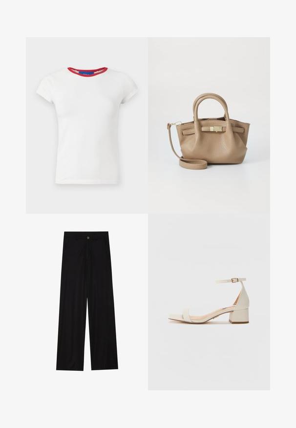 Hvit t-skjorte med korte ermer og en rød ribbestrikket hals. Mykt bomullsstoff, tettsittende design og rett falm.; Bredde ben sorte bukser laget av et glatt stoff, med frontlommer og knappelukking i midjen. Minimalistisk design uten mønstre.; Beige blokkformede hælesandal med firkantet tå. Har en slank ankelrem med spænde, glat lærkliknende tekstur og en moderat hælhøyde.; Brun lærveske med doble håndtak og avtagbar skulderstropp. Har en gullfarget lås og teksturert overflate.