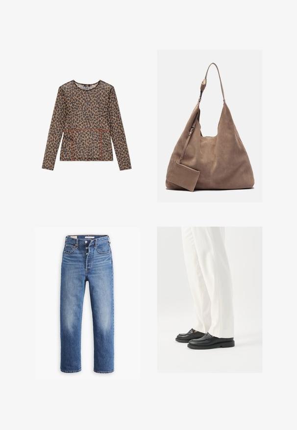 Blusa de manga longa com padrão de onça em tecido transparente, com decote redondo, costuras vermelhas em contraste e um corte descontraído.; Jeans de denim azul com uma cintura alta, design de perna reta e áreas desbotadas. Inclui bolsos frontais e metal em acabamentos.; Mocassins de couro preto com uma textura suave, detalhes de costura e bico arredondado, combinados com calças brancas ajustadas.; Zign LEATHER - Saco de mão - light brown