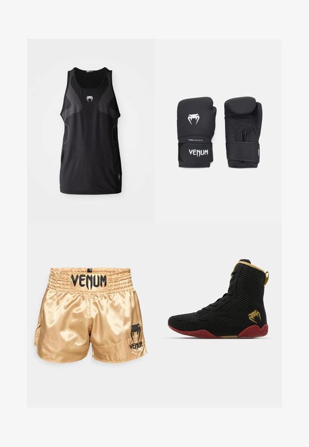 Melnas sporta topiņš ar apaļu kakla izgriezumu, sieta sānu paneļiem un atstarotāju logotipu centrā. Gluda, viegla auduma.; Zelta satīna boksa šorti ar melnu "VENUM" logo uz jostas un sāniem, ar gludu tekstūru un elastīgu jostu komfortam.; Augstas sporta kurpes ar melnu acu audumu un sintētiskajiem materiāliem, teksturētiem akcentiem, sarkanu gumijas zoli un zelta detaļām uz potītes.; Melnas boksa cimdi ar gludu virsmu, ar baltu "Venom" logo un regulējamu stiprinājumu ar āķi un cilpu, nodrošinot drošu piegulšanu.