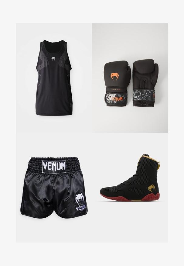 Sort atletisk tanktop med rund halsudskæring, mesh sidepaneler og et reflekterende logo i centrum. Glat, letvægtsstof.; Sorte satin bokse-shorts med elastisk talje; har et hvidt logo og slangedesign på venstre ben. Glat tekstur.; Høj-top atletisk sko med sort mesh og syntetisk materiale, teksturerede accenter, rød gummisole og gulddetaljer ved anklen.; Sorte boksehandsker med mat finish og ergonomisk design. Orange logodetaljer og håndledsstropper med camouflage-mønster.