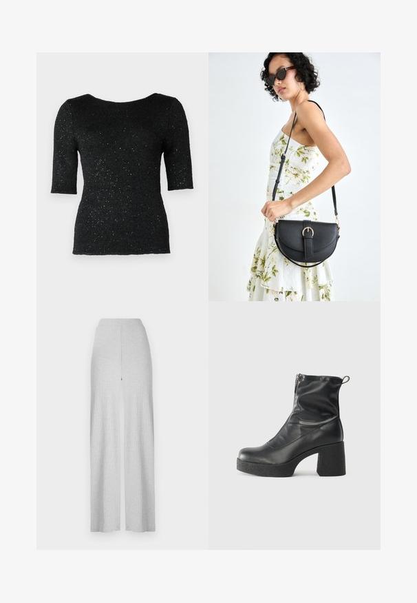 Top negro de punto con mangas cortas, que presenta una superficie texturizada y hilos metálicos dispersos para un brillo sutil. Escote redondo clásico.; Pantalones de pierna ancha gris claro de canalé con una cintura alta y una abertura frontal. Fabricados en un tejido suave con una textura lisa.; Botines negros de tobillo, hechos de cuero suave, con cierre lateral, tacón grueso texturizado y diseño de punta redondeada.; Bolso de piel negra con forma curva, correa desmontable y herrajes dorados. El bolso cuenta con una solapa con un detalle de hebilla.