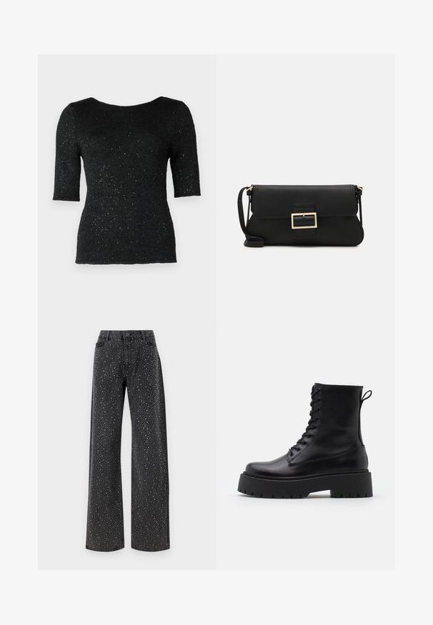 Čierny pletený top s krátkymi rukávmi, ktorý má textúrovaný povrch a roztrúsené kovové niťe pre jemný lesk. Klasický okrúhly výstrih.; Noisy May NMJANNEL LOOSE - Džínsy voľného strihu - black denim; Čierne kožené členkové topánky s okrúhlou špičkou, šnurovaním vpredu a hrubou gumovou podrážkou s textúrovaným vzorom. Sťahovací pútko na zadnej strane.; Čierna kožená clutch taška s klopou a zlatým kovovým detailom s prackou. Obsahuje čierny remienok a elegantný, minimalistický dizajn.; Strieborné kruhové náušnice s minimalistickým dizajnom. Cirkulárny tvar, hladký povrch a tenký profil. Ľahké s lesklým povrchom.