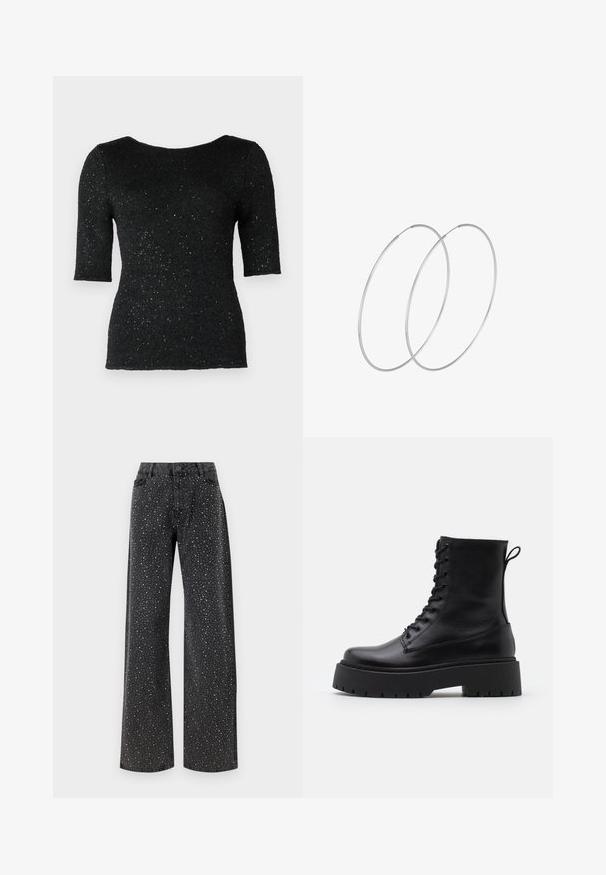 Must mustreeritud must särk lühikeste varrukatega, millel on tekstureeritud pind ja hajutatud metallkiud, mis lisavad õrna sära. Klassikaline ümmargune kaelus.; Noisy May NMJANNEL LOOSE - Avar lõikega teksad - black denim; Mustad mustad nahast pahkluu saapad ümarate varvastega, nööridega esiosas ja paksu kummist talla ning tekstuuritud mustriga. Tagumine tõmbeaas.; Hõbedased rõngastikkaehingad minimalistlikus disainis. Ümar kuju, sile tekstuur ja õhuke profiil. Kerged ning poleeritud viimistlusega.