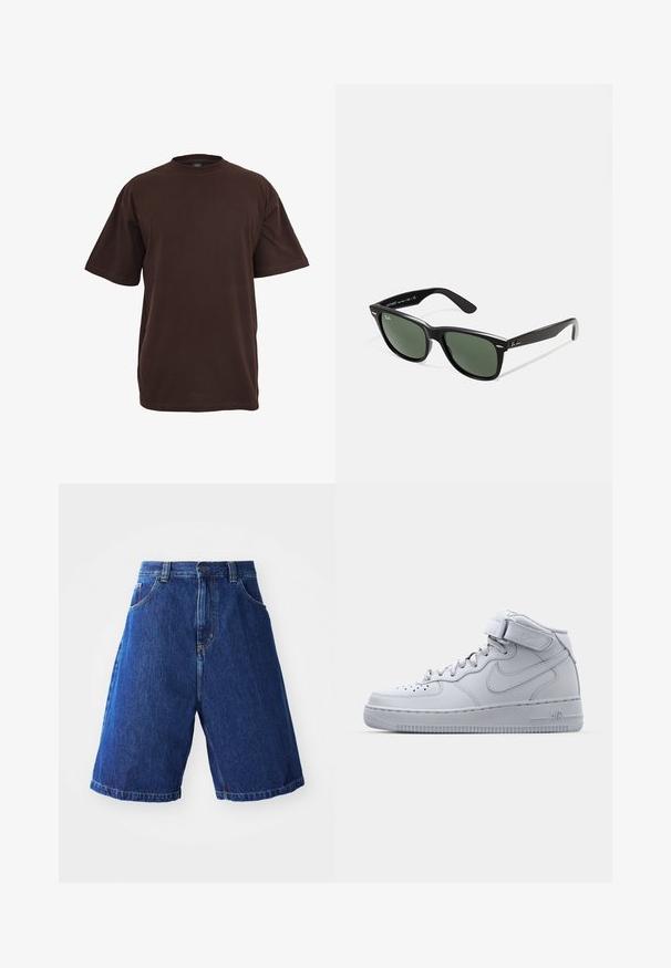 Brun bomull T-skjorte med korte ermer, rund hals og en avslappet passform. Glatt tekstur uten synlige mønstre eller detaljer.; Denimshorts med blå vask, med høy midje, to frontlommer og gult stikningsdetaljer langs sømmene.; Høye grå Nike Air Force 1-sneakers med overdel i lær, polstret krage og borrelåsrem. Ikonisk design med perforert tåboks.; Sorte plast-solbriller med grønne linser, firkantede rammer, sølvdetalje på brynene, og teksturerte stangarmen. Angitt merke på indre arm.