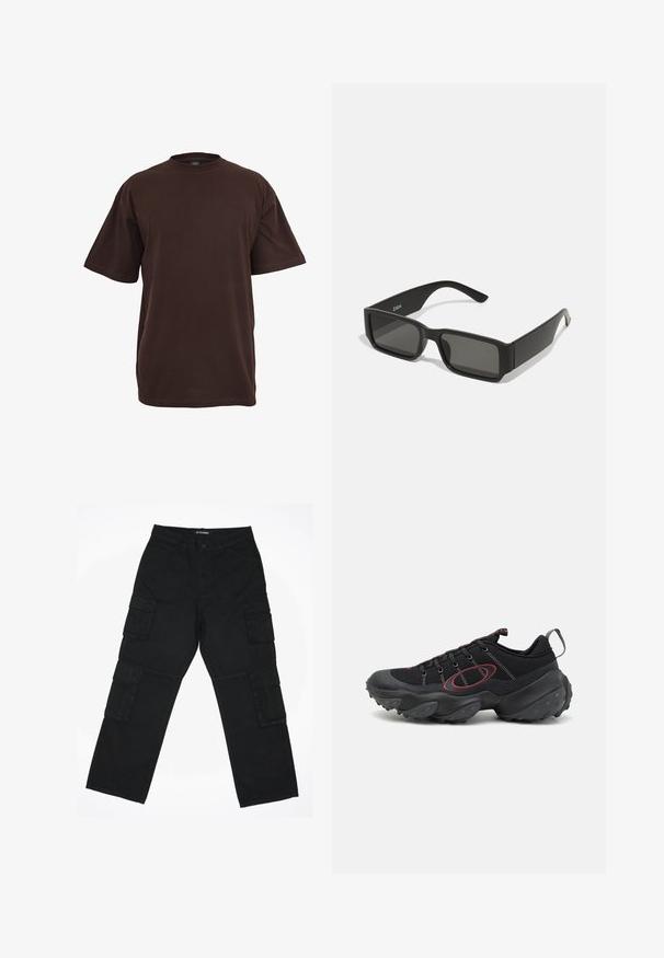 Pruun puuvillane t-särk lühikeste varrukatega, ümar kaelus ja vabalt langev lõige. Sile tekstuur, ilma nähtavate mustrite või aksessuaarideta.; Musthaded mustade puuvillaste kangast töötajad. Omab mitmeid küljetaskuid, sirget jala kujundust ja nööbiga sulguv talje.; Mustad mustreesid tekstureeritud võrgust pealmisega, kontrastsete punaste aktsentidega ja massiivse kummitaldaga, millel on ümardatud haardepinnad.; Mustad prillid ristkülikukujuliste läätsedega, matt plastikust raam ja sirged servad. Omab brändi logo sisemise varre peal.