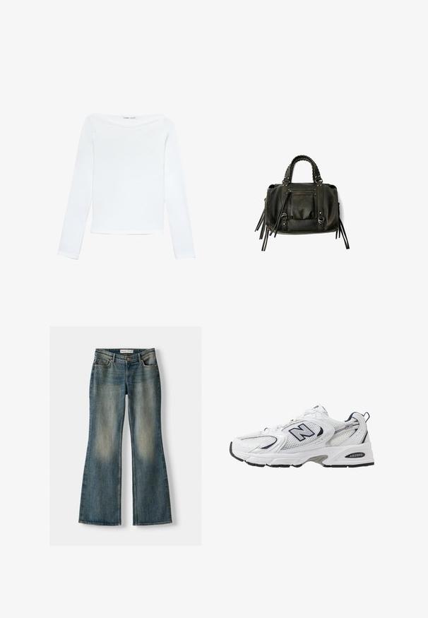 Biała bluzka z długim rękawem, dekoltem w łódkę, o dopasowanym kroju i gładkiej fakturze, ułożona na płasko na białym tle.; Niebieskie dżinsy w fasonie dzwonów z wyblakłym wykończeniem, pięcioma kieszeniami i zapięciem na guzik. Materiał ma fakturę dżinsu z subtelnymi detalami szycia.; Białe sportowe buty z siateczkową cholewką, granatowymi akcentami i wyściełaną podeszwą. Posiadają logo "N", sznurówki oraz teksturowany detal po boku.; Czarna skórzana torebka z plecionymi uchwytami, kieszenią na zamek i zawieszkami. Teksturowana powierzchnia z metalowymi ćwiekami i akcentami ze stali.