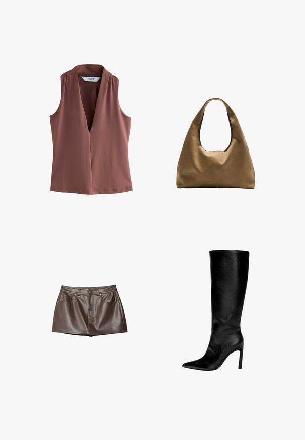 Haut sans manches de couleur terre cuite, avec un décolleté en V profond et un tissu doux et lisse avec des détails de couture minimaux.; Jupe mini en cuir marron avec une texture lisse, des passants de ceinture, des poches avant et une fermeture à bouton à la taille.; Botte en cuir noir montée jusqu'au genou, avec un bout pointu, un talon aiguille haut, une finition lisse et un design simple et épuré sans ornements.; Sac à épaule en tissu marron avec un corps large et arrondi et une grande poignée découpée. Texture douce, design minimaliste et aucun matériel visible.