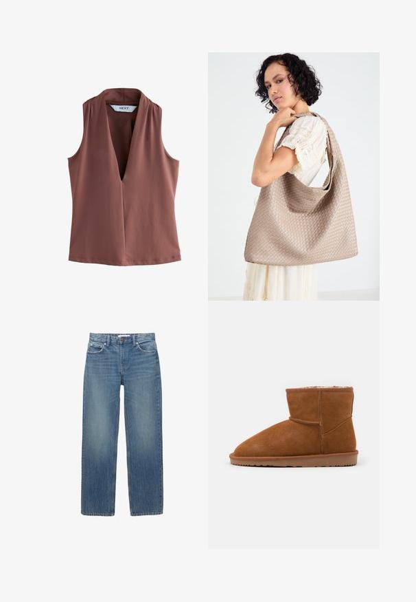 Sleevless top in a terracotta color, featuring a deep V-neckline and soft, smooth fabric with minimal stitching details.; Light blue denim jeans with a straight cut, five pockets, and copper-tone hardware. The fabric has a slight fade and a smooth texture.; Brown suede ankle boot with a rounded toe and soft lining, featuring a flat rubber sole and minimal stitching details.; Woven beige tote bag with a slouchy design and a single shoulder strap. Features a textured pattern throughout the surface.; Translucent acrylic hair claw with a subtle iridescent sheen. Rounded shape with six curved prongs for secure hair grip.