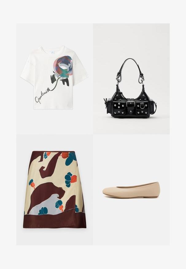 Biele skrátené tričko s farebnou grafickou potlačou ruže v odtieňoch modrej, ružovej a zelenej, s nápisom "Paul Smith" potlačeným čiernou farbou.; Hodvábna sukňa s béžovým základom a abstraktnými kvetinovými vzormi v burgundskej, tyrkysovej a červenej farbe; lem má tmavoburgundský finiš.; Béžové kožené baleríny s okrúhlym prstom, minimálnym švom, nízkym podpätkom a diskrétnym logom na zadnej strane. Hladká, matná textura.; Čierna kožená kabelka s zakriveným dizajnom, doplnená striebornými cvočkami, prackou a dvoma bočnými vreckami. Nastaviteľný popruh poskytuje rôzne možnosti nosenia.