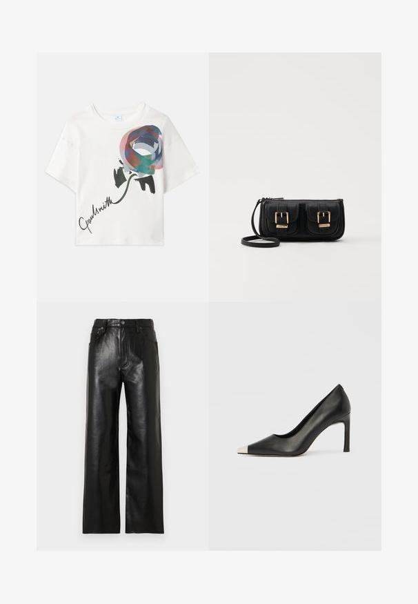 Vit kortärmad t-shirt med en färgglad ros-grafik i nyanser av blått, rosa och grönt, med "Paul Smith" tryckt i svart.; Svarta läderbyxor med vida ben och glansig finish, med framfickor, dragkedja och knappstängning. Mjuk textur över hela.; Svart skinnsko med hög klack, spetsig tå och metallisk silverhätta. Har en slät yta och en smal klack på 10 cm.; Svart läderaxelväska med två framfickor, guldspännen, dragkedjestängning och en smal rem. Texturerad yta och kompakt rektangulär form.