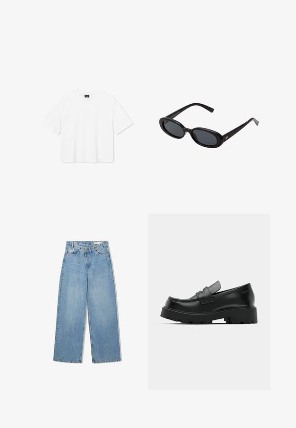 Witte gecropte t-shirt van katoen, met een ronde halslijn en korte mouwen. Eenvoudig ontwerp zonder patronen of accenten.; Lichtblauwe wijde jeans van denim, met een hoge taille, vijf zakken, knoopsluiting en subtiele vervaging voor textuur.; Zwarte leren instappers met een chunky, gestructureerde zool, voorzien van een band over de voet en een gladde, gepolijste afwerking.; Zwarte oversized zonnebril met ovale lenzen, een glad plastic montuur en gouden accenten op de pootjes. Donkere lenzen bieden bescherming tegen de zon.