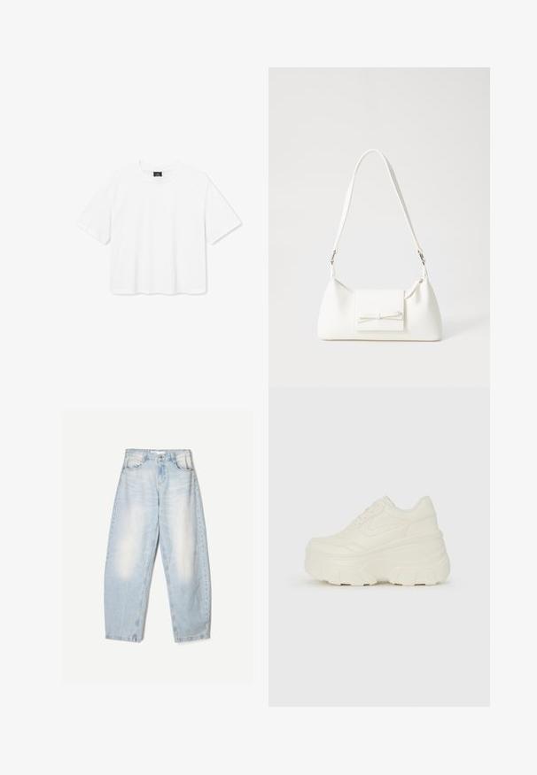 White cropped t-shirt made of cotton, featuring a round neckline and short sleeves. Simple design with no patterns or accents.; Light blue denim jeans with a loose fit, featuring a faded finish, two front pockets, and a button closure at the waistband.; White platform sneakers featuring a smooth leather-like upper, rounded shape, padded collar, and textured rubber sole with defined treads.; White synthetic handbag with a triangular shape, flat front flap and bow detail, adjustable strap, smooth texture, and minimalistic design.