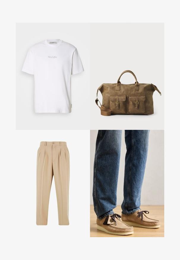 Bela bombažna majica s kratkimi rokavi, okroglo ovratnikom in napisom "Out of office" natisnjenim v svetlo sivi barvi spredaj.; Srajca z dolgimi rokavi in gumbom v mehki rumeni tkanini, ki ima teksturirano površino, ovratnik in en sam žep na levi strani prsnega dela.; Bež hlače s plišem in ravnim krojem, izdelane iz gladkega blaga, z gumbnim zapiranjem in zankami za pas na pasu.; Suede mokasini v bež barvi z temno rjavimi akcenti, zaobljenim nosom in mehkimi belimi podplati. Imajo sistem vezanja in šivane detajle.; Rjav usnjen potovalni kovček z dvema sprednjima žepoma, nastavljivim ramenskim trakom, zlatim okovjem in trdnimi zgornjimi ročaji. Gladka tekstura.