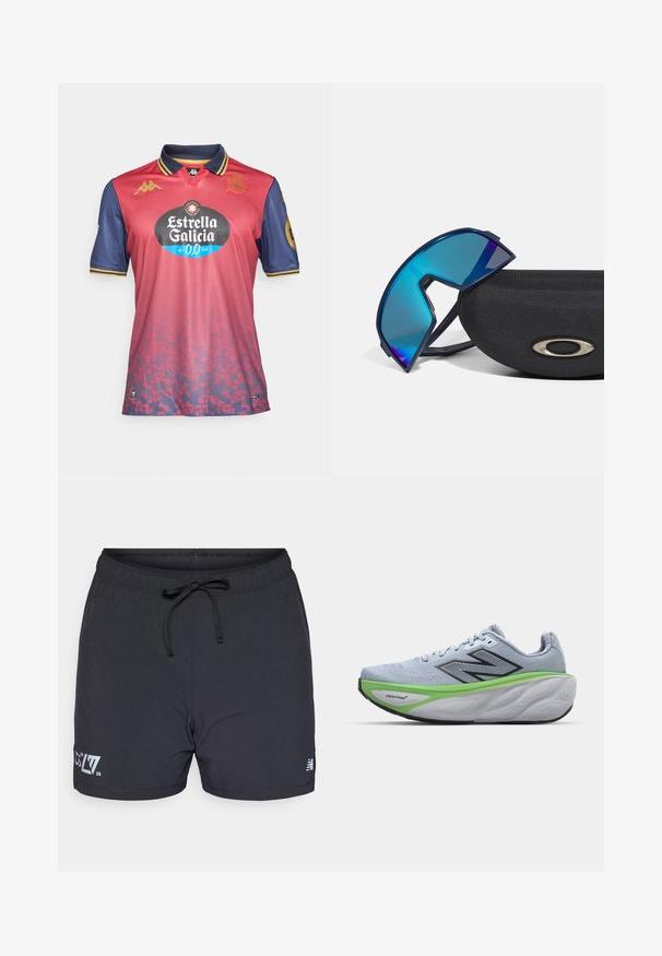 Raudonas ir tamsiai mėlynas futbolo marškinėliai su apykakle, turintys gradientinį dizainą, logotipus ir didelį juodą rėmėjo emblema priekyje.; Juodos maudymosi šortai, pagaminti iš lengvo audinio, su elastinga liemens juosta ir raišteliu, pasižymintys subtiliu tekstūruotu raštu. Logotipo akcentai priekyje.; Bėgimo bateliai su šviesiai mėlynu tinkleliu, juodu logotipu, žalia vidurio dalies akcentu, tekstūruotu putų padu ir išlenktu siluetu palaikymui.; Mėlynai tonizuoti apvalūs akiniai nuo saulės su sportiniu dizainu, ilsintys ant tekstūruoto juodo dėklo, kuris turi metalinį logotipą.