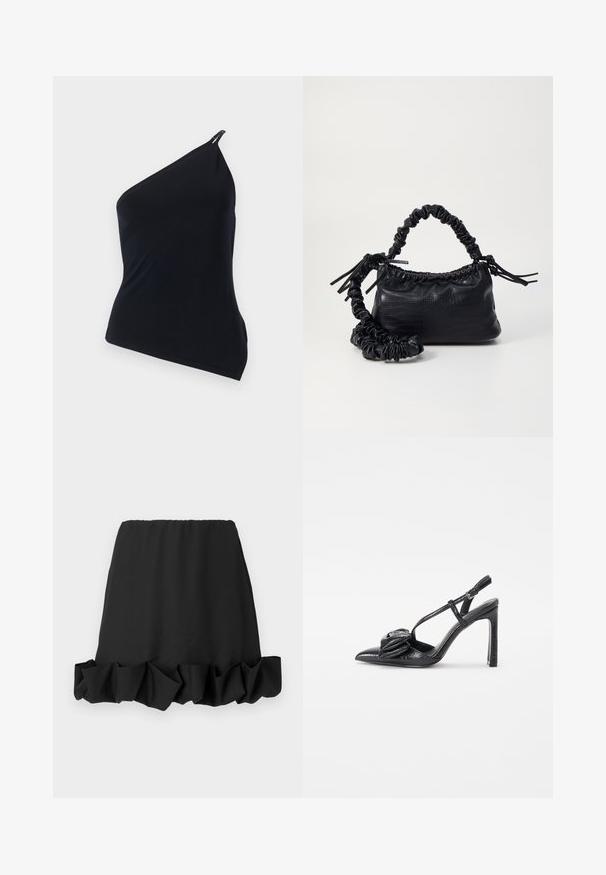 Top nero a spalla sola, realizzato in tessuto morbido. Presenta un taglio diagonale, un design asimmetrico e un accento metallico sulla spalla.; Gonna nera con orlo a volant, realizzata in tessuto leggero. Caratterizzata da un elastico in vita per una vestibilità comoda. Design semplice e versatile.; Scarpa nera con tacco alto, punta affusolata, texture lucida, fasce sottili e dettaglio plissettato decorativo nella parte anteriore.; Borsa a tracolla in ecopelle nera con texture a coccodrillo, apertura cinchata e tracolla arricciata. Si presenta con un design morbido e compatto.