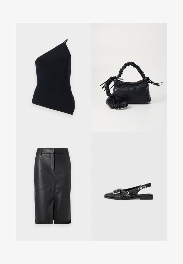 Haut noir à une épaule, fabriqué en tissu lisse. Présente une découpe diagonale, un design asymétrique et un accent métallique à l'épaule.; Jupe crayon en cuir noir avec une fente avant, présentant une texture lisse, deux poches latérales et une silhouette ajustée.; Chaussure slingback en cuir noir avec un bout pointu, deux boucles en argent et un petit talon carré. Présente un dessus texturé et un dos ouvert.; Sac à main en simili cuir noir avec une texture crocodile, un dessus resserré et une sangle froncée. A l'apparence douce et compacte.
