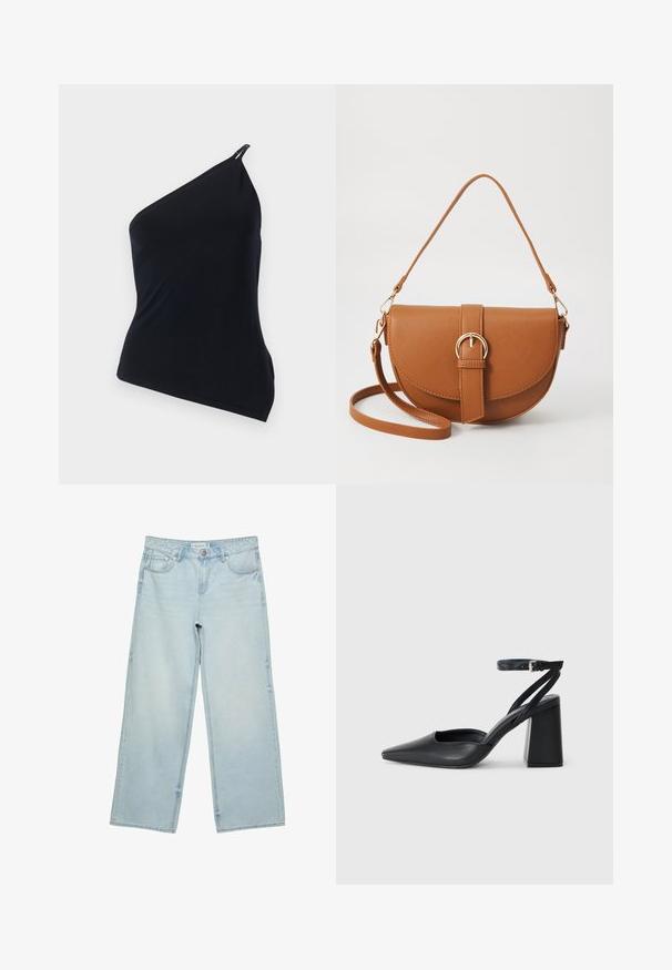 Čierny top na jedno rameno, vyrobený z hladkej tkaniny. Má diagonálny strih, asymetrický dizajn a kovový detail na ramene.; Svetlomodré široké džínsy z denimu, s vysokým pásom, piatimi vreckami a jemným vyblednutím. Priamy strih s olemovanými okrajmi.; Čierne kožené lodičky s špicatou špičkou a členkovým remienkom, s masívnym podpätkom. Hladký povrch, elegantný dizajn a minimalistická estetika.; Hnedá kožená kabelka cez telo s zakriveným tvarom, zlatými kovovými doplnkami a akcentom s prackou. Obsahuje odnímateľný ramenný popruh.