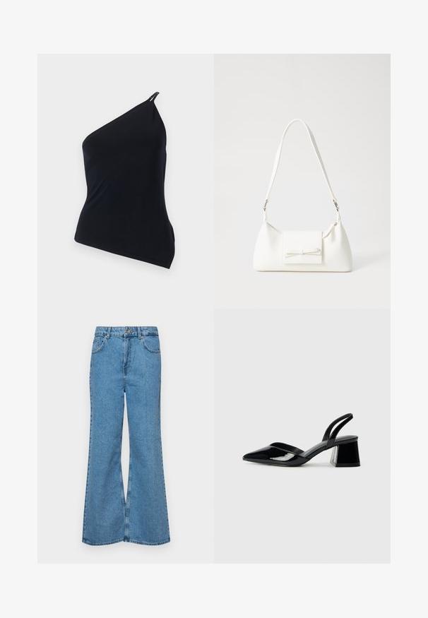 Schwarz, einseitig tragbares Top aus glattem Stoff. Es verfügt über einen diagonalen Schnitt, asymmetrisches Design und ein metallisches Detail an der Schulter.; Helle blaue Schlagjeans aus Denim, mit hoher Taille, fünf Taschen und einem einzelnen Knopfverschluss. Weiche Textur mit ausgeblichener Optik.; Schwarze Lackleder-Slingback-High Heels mit spitzem Schuh und einem geometrischen Blockabsatz. Verfügt über ein schlankes, minimalistisches Design und eine glatte Textur.; Weiße synthetische Handtasche in dreieckiger Form, flache Vorderklappe und Schleifendetail, verstellbarer Trageriemen, glatte Textur und minimalistisches Design.