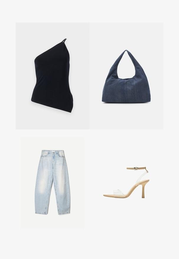 Schwarz, einseitig tragbares Top aus glattem Stoff. Es verfügt über einen diagonalen Schnitt, asymmetrisches Design und ein metallisches Detail an der Schulter.; Hellblaue Jeans aus Denim mit lockerer Passform, im ausgewaschenen Finish, zwei Fronttaschen und einem Knopfverschluss am Bund.; Durchsichtige Sandale mit transparentem Obermaterial, beigem Fußbett und einem schlanken Knöchelriemen. Sie hat eine spitz zulaufende Zehenpartie und einen dünnen, hohen Absatz.; Dunkelblaue Denim-Tasche mit einer weichen, lässigen Form, ausgestattet mit einem Hobo-Stil Griff und einer strukturierten Oberfläche. Keine sichtbaren Hardware-Elemente.