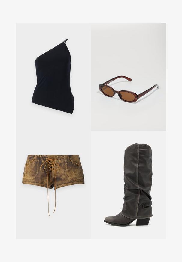 Must tükiga must ühes õlas top, valmistatud siledast kangast. Omab diagonaalset lõiget, ebaühtlast disaini ja metallilist aktsenti õlal.; Pruunid pitsitavad lühikesed püksid tekstuurse pinnaga ja kontrastsete tan värvi paeltega. Omab silmadega detaile ja sobivat disaini, mis tagab mugava istuvuse.; Hallid hall nahk-saapad, mis ulatuvad säärtesse ja millel on lohkuv disain, terav nina ja kihiline konts. Tähelepanuväärne õmblemise detail varvaste piirkonnas.; Ümar, pruunikased päikeseprillid läikiva burgundia raami ja peente kaubamärgi detailidega. Peened sangad ja lame läätsedesain.; Musta käärmeprindiga kott kõveraga käepidemega. Valmistatud tekstiilsetest, beežidest ja pruunidest materjalidest, millel on iseloomulik rombikujuline muster.