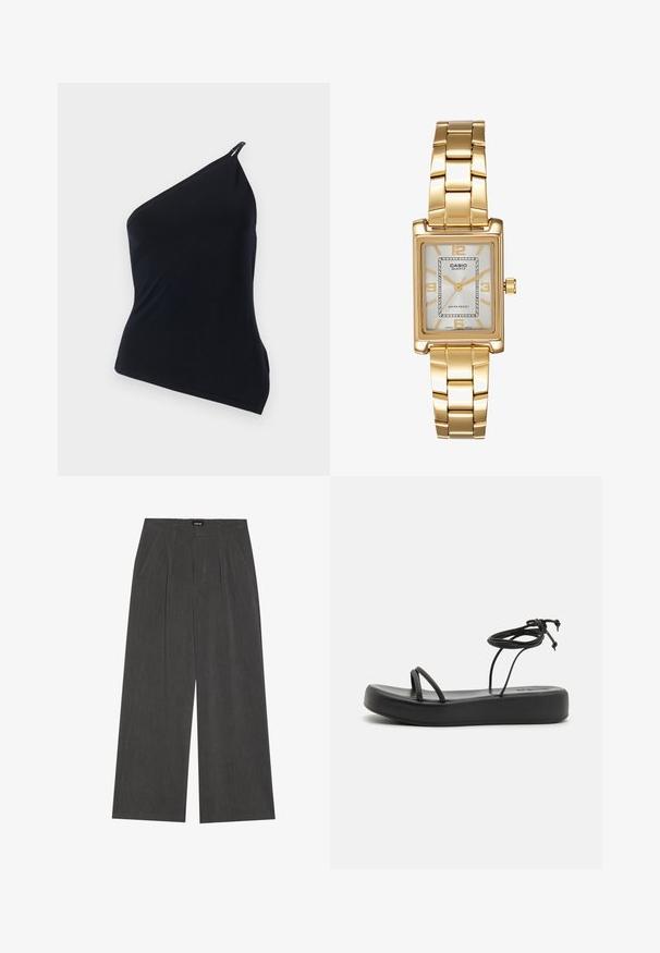 Zwarte top met één schouder, gemaakt van een gladde stof. Kenmerkt zich door een diagonale snit, asymmetrisch ontwerp en een metallic accent op de schouder.; Wijde broek in donkergrijs stof, met een geplooide voorkant, twee zijzakken en een vlakke tailleband. Glad oppervlak en gepaste ontwerpelementen.; Zwarte platte sandalen met een brede zool, dunne banden en een verstelbare strik bij de enkel. Zachte textuur met een minimalistisch ontwerp.; Gouden rechthoekige polshorloge met een witte wijzerplaat, zilverkleurige uurmarkeringen en een duurzame metalen schakelarmband. Inclusief waterdichte functie.