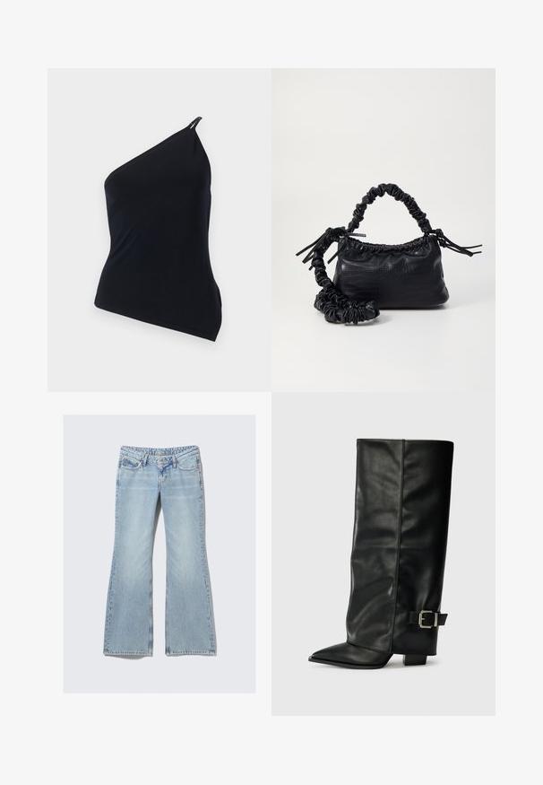Top negro de un solo hombro, hecho de una tela suave. Presenta un corte diagonal, diseño asimétrico y un acento metálico en el hombro.; Weekday NOVA - Vaqueros slim fit - lip blue; Botas de cuero negro hasta el tobillo con punta afilada, textura suave y un detalle de hebilla plateada en el lado. Tacón cuadrado grueso.; Bolso de mano de imitación cuero negro con textura de cocodrilo, parte superior fruncida y correa arrugada. Presenta un diseño suave y compacto.