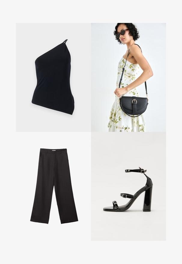 Haut noir à une épaule, fabriqué en tissu lisse. Présente une découpe diagonale, un design asymétrique et un accent métallique à l'épaule.; Pantalons larges noirs en tissu lisse, dotés d'une fermeture éclair à l'avant et de deux poches latérales, avec une coupe ajustée et un design minimaliste.; Sandales à talons vernies noires avec un bout carré, des sangles autour de la cheville et des boucles en argent. Dotées d'un talon bloc épais pour plus de stabilité.; Sac à main en cuir noir avec une forme courbée, bandoulière amovible et des accessoires en or. Le sac est doté d'un rabat avec un détail de boucle.