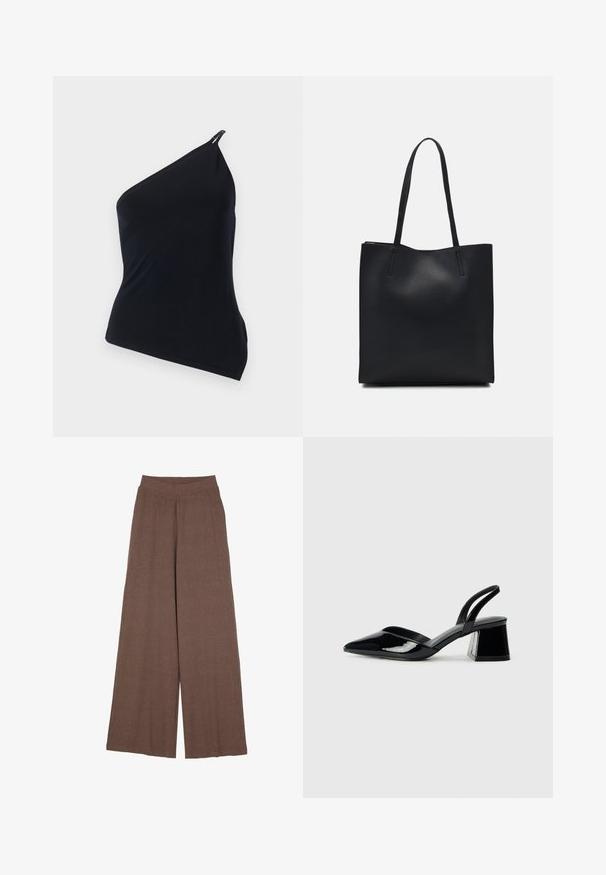 Svart enaxlad topp, tillverkad av slätt tyg. Har en diagonal skärning, asymmetrisk design och en metallisk detalj på axeln.; Breda byxor i en strukturerad, ribbad tygkvalitet i en varm brun nyans. Har en sömlös midja och en svävande silhuett.; Svarta lackläder slingback klackar med spetsig tå och geometrisk klack. Har en elegant, minimalistisk design och slät yta.; Svart lädertoffelväska med slät textur, rektangulär form och två långa handtag. Ingen synlig hårdvara eller dekorationer.